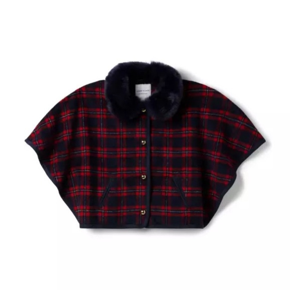 NWT Janie and Jack PLAID FAUX FUR COLLAR CAPE Connor Navy Plaid  2T